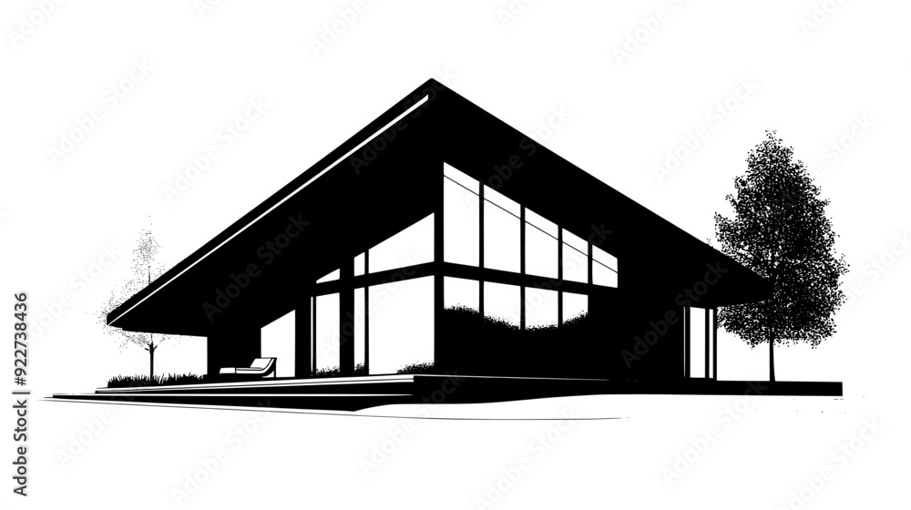 Modern structure with a sloping roof, wide glass panels, and an adjacent open courtyard, vector illustration art Modern structure with a sloping roof, wide glass panels, and an adjacent open courtyard, vector illustration art