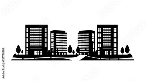 Modern business park with interconnected office buildings and landscaped areas, vector illustration art