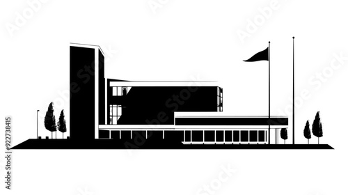 Modern city hall with glass facade, spacious plaza in front, and a flagpole standing tall nearby, vector illustration art