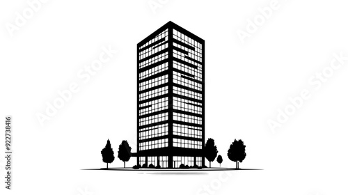 Modern high-rise building with clean lines, numerous windows, and an adjacent open plaza, vector illustration art