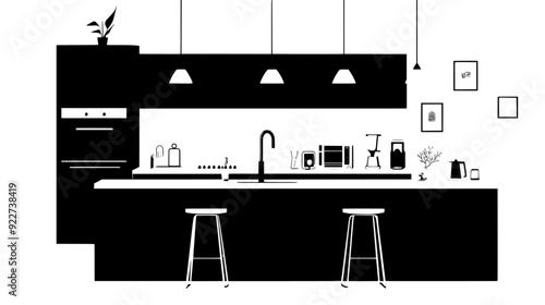 Modern kitchen setup with an island counter, surrounded by sleek cabinetry and appliances, vector illustration art