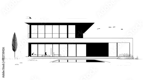 Modern villa with flat roof, large glass sliding doors, and a private swimming pool in the yard, vector illustration art