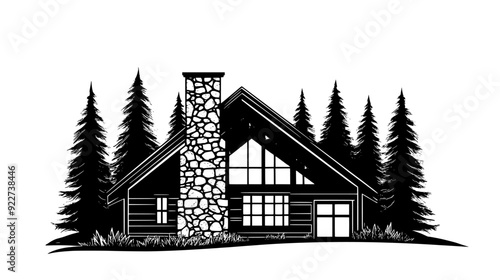Mountain chalet with steeply pitched roof, large stone chimney, and wooden siding in a forested area, vector illustration art