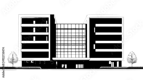 Multi-story government building with large glass panels and a central atrium visible from outside, vector illustration art