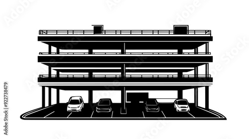 Multi-level parking structure with clearly defined entry and exit ramps, and marked parking spaces, vector illustration art