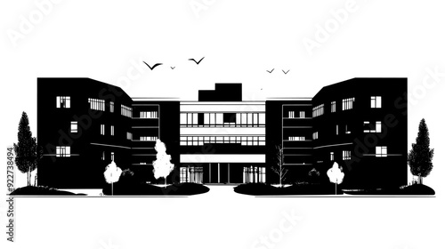 Multi-story healthcare facility with a central atrium and several connected wings, vector illustration art