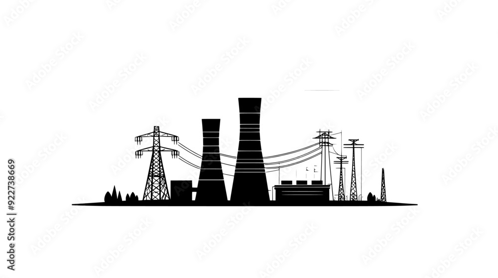 Power plant with cooling towers, electrical generators, and a network of transmission lines extending outward, vector illustration art Power plant with cooling towers, electrical generators, and a network of transmission lines extending outward, vector illustration art