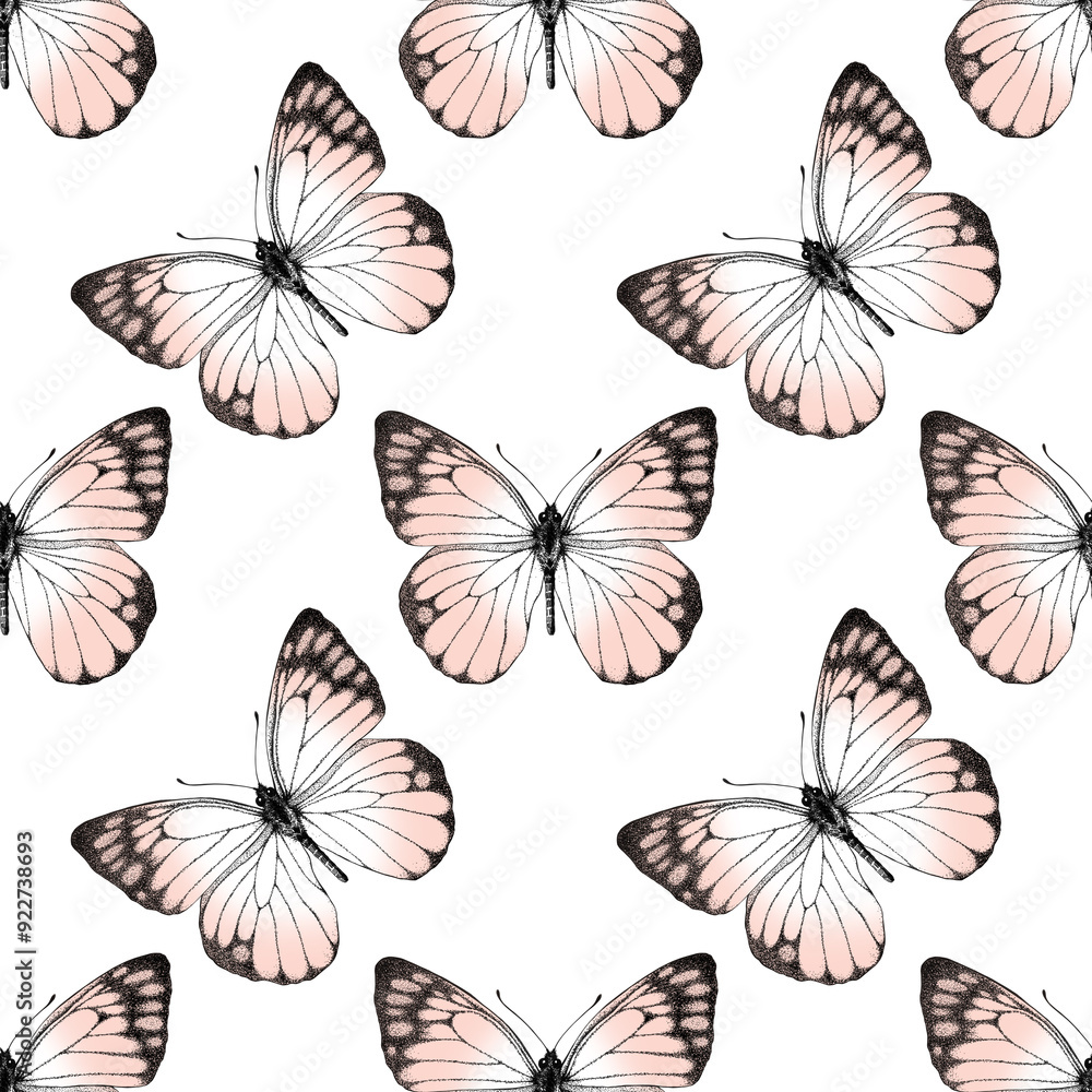 Seamless pattern of realistic pink butterfly. Hand drawn illustration. Animal motif. Painted butterflies elements on white background. For fabric, wrapping paper, textile, design, banner
