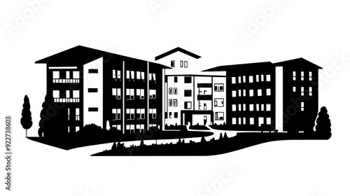 Nursing home with residential rooms, common areas, and landscaped gardens, vector illustration art