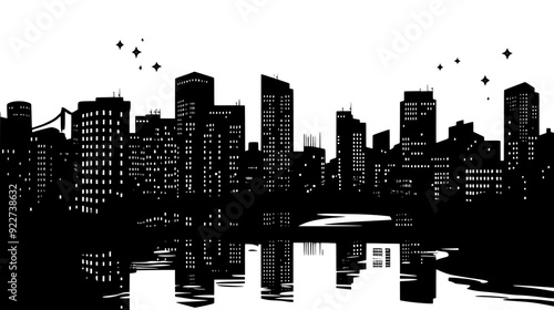 Nighttime view of urban buildings with lights turned on, a river flowing through, and a bridge, vector illustration art