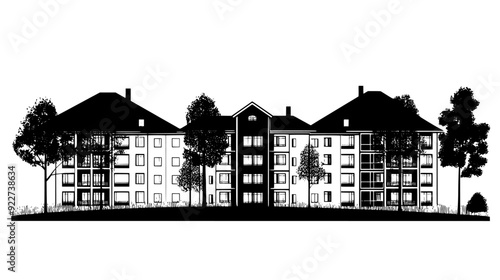Nursing home with residential rooms, common areas, and landscaped gardens, vector illustration art