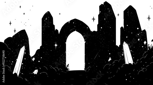 Mystical structure with glowing crystals in walls and archways, vector illustration art