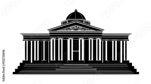 Neoclassical government building with tall columns, wide staircase, and a large dome at the center, vector illustration art