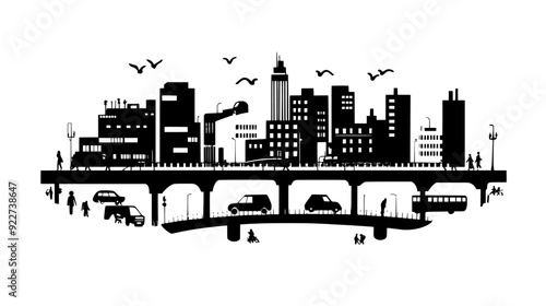 Network of pedestrian overpasses connecting buildings and crossing busy streets, vector illustration art