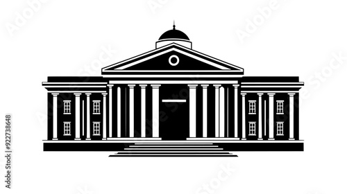 Neoclassical government building with tall columns, wide staircase, and a large dome at the center, vector illustration art