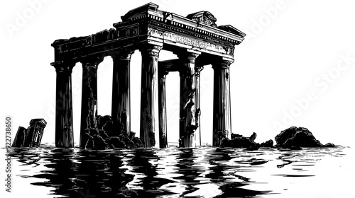 Partially submerged ancient temple with broken columns and eroded carvings, vector illustration art