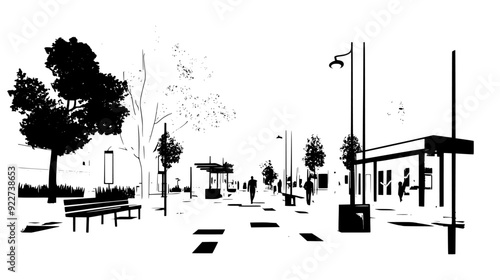 Pedestrian plaza with tiled paving, benches, and public art installations, vector illustration art