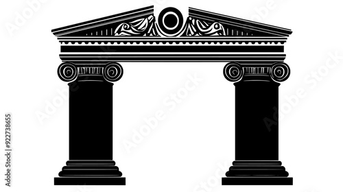 Pediment supported by fluted Ionic columns with a sculpted tympanum, vector illustration art