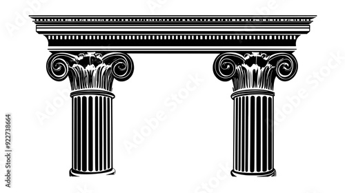 Pediment supported by fluted Ionic columns with a sculpted tympanum, vector illustration art
