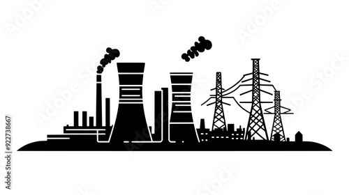 Power plant with cooling towers, electrical generators, and a network of transmission lines extending outward, vector illustration art