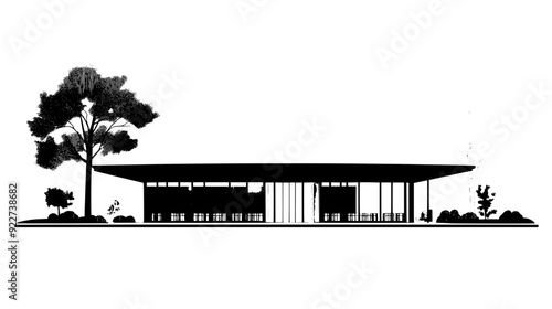 Public library with flat roof, numerous bookshelves visible through large glass windows, vector illustration art