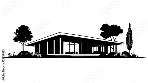 Public library with flat roof, numerous bookshelves visible through large glass windows, vector illustration art