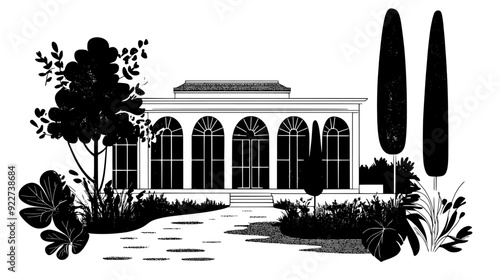 Public library with flat roof, numerous bookshelves visible through large glass windows, vector illustration art