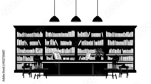 Public library with reading rooms, book stacks, and study areas, vector illustration art