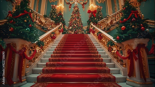 A staircase decorated with a red velvet carpet, gold trim and green walls. Christmas trees on each side of the stairs with red bows hanging from the railings. Festive decorations. Generative AI. photo