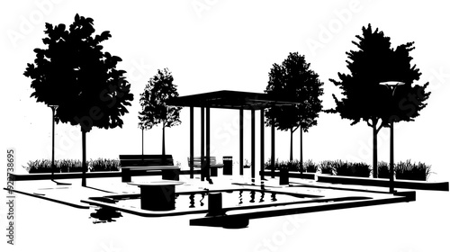 Public square featuring a water feature, seating areas, and shaded walkways, vector illustration art