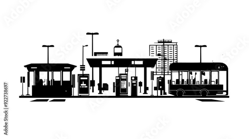 Public transportation hub with bus terminals and ticketing area, vector illustration art