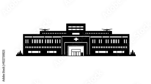 Rectangular building with large windows and a central flagpole, vector illustration art