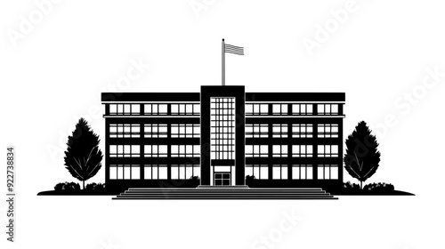 Rectangular building with large windows and a central flagpole, vector illustration art