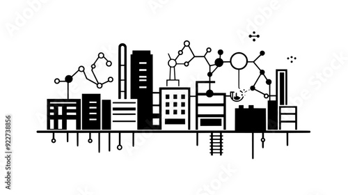 Research institute with laboratory buildings, offices, and interconnected pathways, vector illustration art