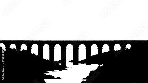 Roman aqueduct with numerous arches stretching across a river valley, vector illustration art