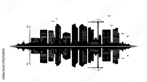 Riverfront city with high-rise buildings reflected in the water, cranes, and a boardwalk, vector illustration art