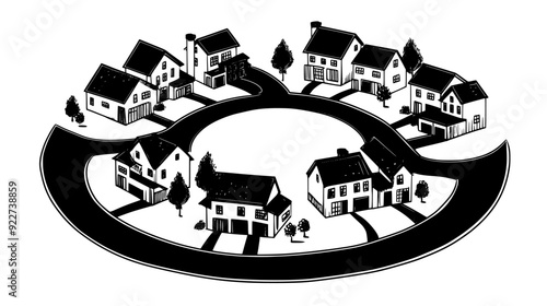 Residential cul-de-sac featuring several uniform houses arranged around a circular road, vector illustration art
