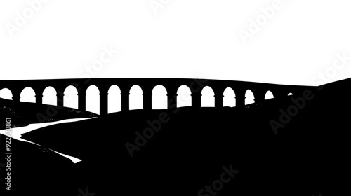 Roman aqueduct with numerous arches stretching across a river valley, vector illustration art