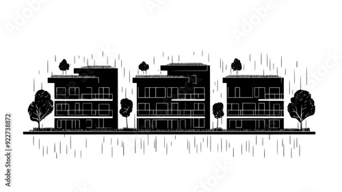 Residential complex with a green roof and rainwater harvesting systems, vector illustration art