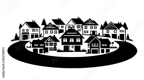 Residential cul-de-sac featuring several uniform houses arranged around a circular road, vector illustration art