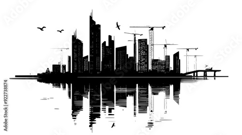 Riverfront city with high-rise buildings reflected in the water, cranes, and a boardwalk, vector illustration art