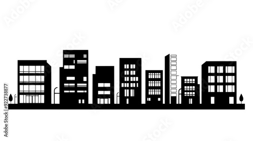 Modern office buildings lining a busy urban street with numerous windows, vector illustration art