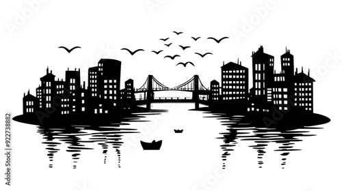 Riverside city with buildings densely packed along the waterfront and bridges crossing the water, vector illustration art