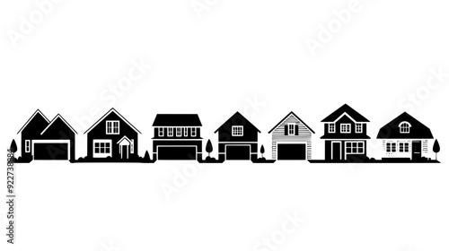 Row of suburban houses with garages, each separated by driveways and small front yards, vector illustration art