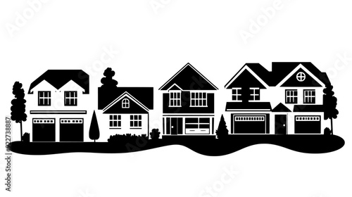 Row of suburban houses with garages, each separated by driveways and small front yards, vector illustration art
