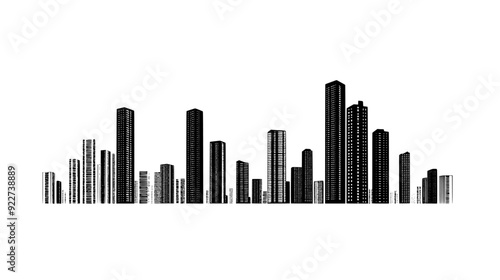 Row of skyscrapers with uniform height, creating a continuous line against the sky, vector illustration art