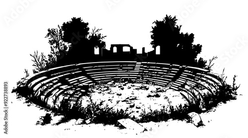 Ruined amphitheater with fallen seating rows, crumbling stage, and encroaching vegetation, vector illustration art