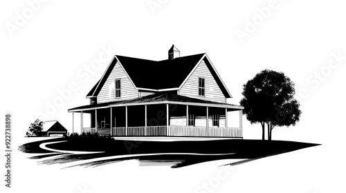 Rural farmhouse with gabled roof, wrap-around porch, and a barn in the background, vector illustration art