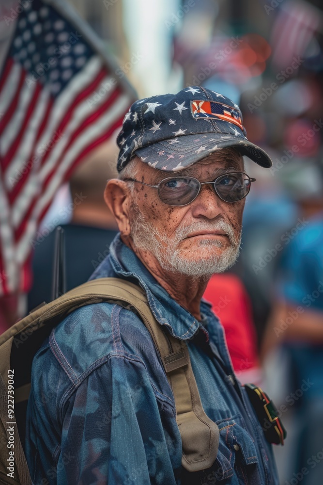 A person wearing a hat and sunglasses stands in front of an American flag, a patriotic scene A person wearing a hat and sunglasses stands in front of an American flag, a patriotic scene