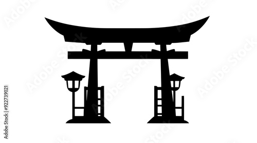 Shinto shrine with torii gate and thatched roof, vector illustration art